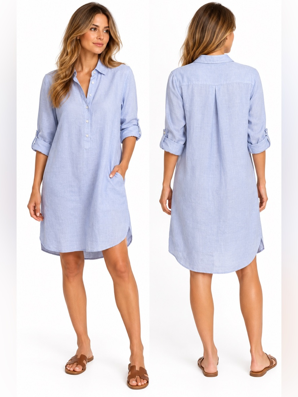 J.McLaughlin 100% Linen Light Blue Tunic Shirt Dress Size L Roll Tab Sleeves